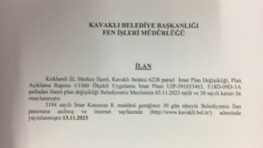 6228 Parsel İmar Plan Değişikliği Askı İlanı