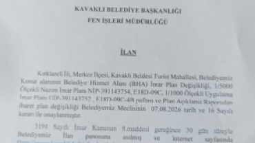Turist Mahallesi Belediyemiz Konut alanının Belediye Hizmet Alanı (BHA) İmar Plan Değişikliği Askı İlanı